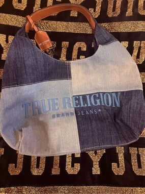 True Religion Two-Tone Denim Shoulder Bag — Dark Blue/Light Blue